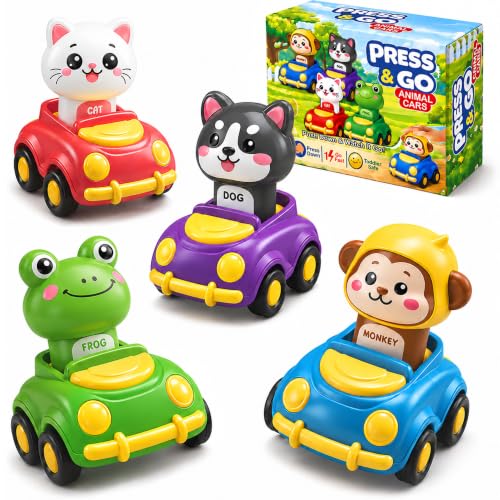 Press to Go Cars for Toddlers 1-3, 4-Pack Animal Toys for 1 Year Old Boy | 4-Pack Animal Cars, Push Go Baby Toys for 6-18 Months, Montessori Vehicle Set, First Birthday Gift for 1 Year Old Boy