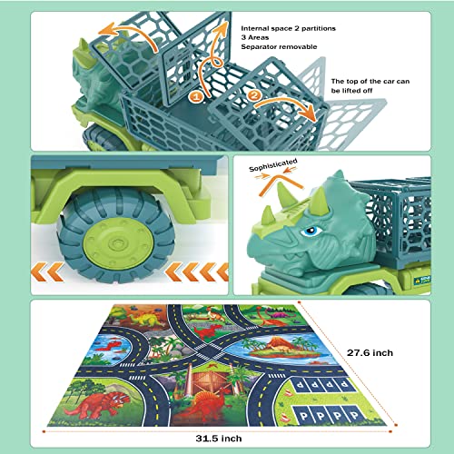 Dinosaur Truck Toys for Kids 3-5, Triceratops Car Toy with 15 Dino Figures,Large Activity Play Mat, Dinosaur Eggs, Dinosaur Play Set for Boys and Girls,Christmas Xmax,Stocking Stuffers