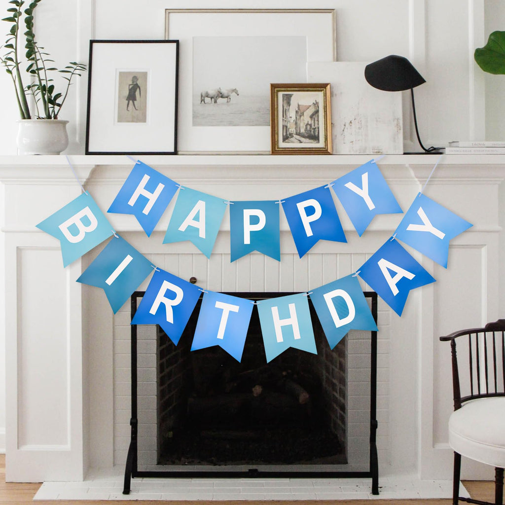 KINGLAKE GARDEN Happy Birthday Banner NO DIY Birthday Sign Blue | Pre-Strung Birthday Hanging Decoration for Women Men Girl Boy Party Supplies (Blue)