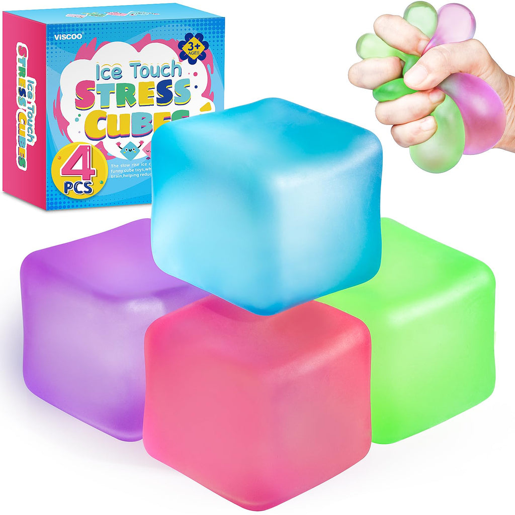 VISCOO 4 Pack Stress Cube,Slow Rising Cube Stress Balls for Adults Kids | Sensory Fidget Toy for Anxiety Relief, Square Shape Cube Squishy for Classroom Prizes, Squishy Balls for Party Favors