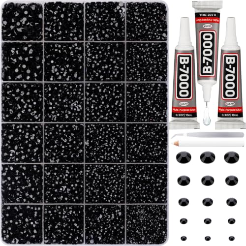 35000Pcs Black Rhinestones for Bedazzling, Flatback Bedazzle Gems Crystal | 2,3,4,5,6mm Flat Back Resin Diamond Rinestones Bedazzler Kit Jewels with 3Pcs b7000 Glue for Dress Crafting Clothing Shoes