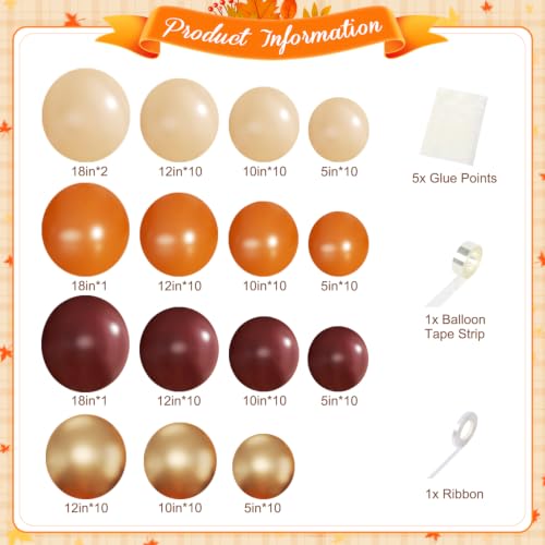 Burgundy Fall Balloon Arch Kit for Autumn Thanksgiving Party Decorations | 124Pcs Burnt Orange Burgundy Gold Nude Balloons, Harvest Baby Shower Wedding Birtday Party Decorations, 124Pcs