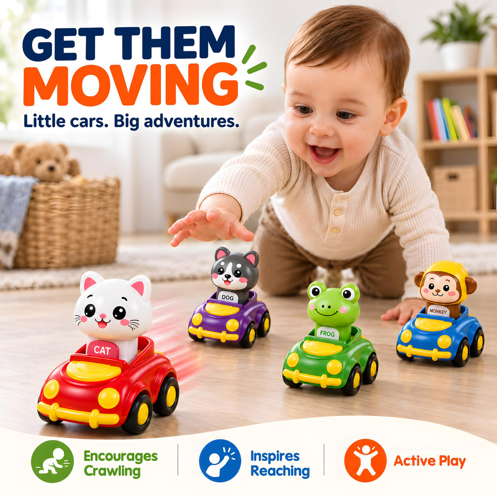 Press to Go Cars for Toddlers 1-3, 4-Pack Animal Toys for 1 Year Old Boy | 4-Pack Animal Cars, Push Go Baby Toys for 6-18 Months, Montessori Vehicle Set, First Birthday Gift for 1 Year Old Boy