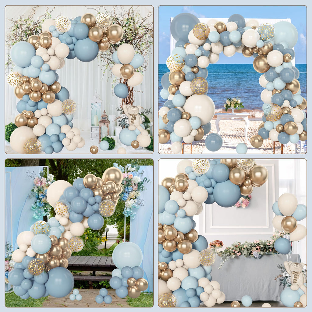 Amandir 153pcs Dusty Blue Balloon Garland Arch Kit Different Sizes | 18 12 10 5inch Blue White Sand Latex Metallic Confetti Gold Balloons Baptism Birthday Boho Shower Party Decoration Supplies