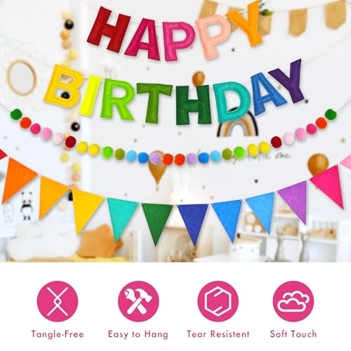 CANREVEL 3 PCS Pre-Strung 3D Happy Birthday Banner Decorations, Rainbow