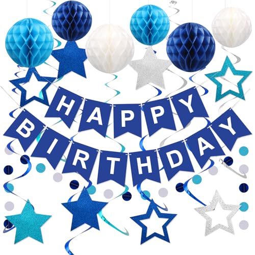 meowtastic Birthday Decorations Happy Birthday Banner with Honeycomb Balls | 16pcs Birthday Set: 1 Banner+6 Honeycomb Balls+8 Star Spirals+1 Circle Dots, Happy Birthday Decor - Blue