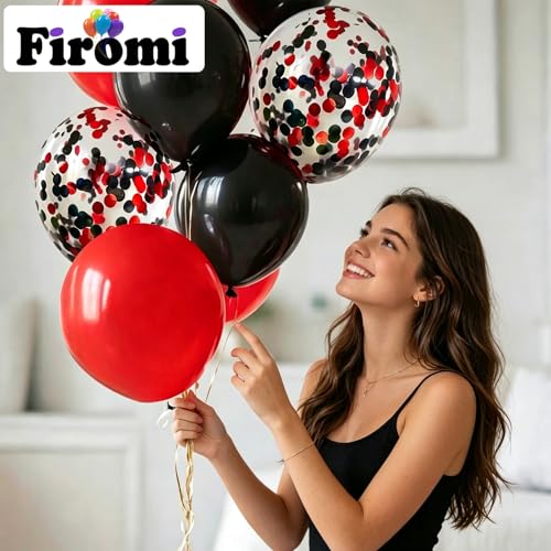 Firomi Red and Black Latex Balloons 12 Inch 70 pack Set (with 2 Ribbons) | Black and Red Confetti Balloons for Birthday Wedding Party