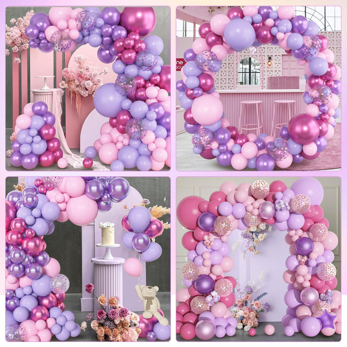 Amandir 153pcs Pink Purple Balloon Garland Arch Kit Different Sizes | 18 12 10 5 inch Pink Purple Red Latex Metallic Confetti Balloons for K pop Music Birthday Bridal Baby Shower Party Decoration