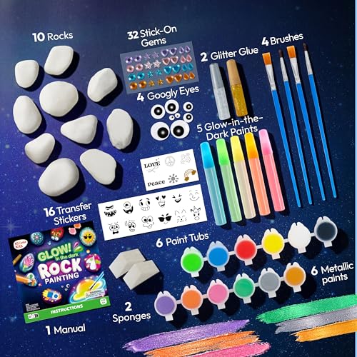 Rock Painting Kit- Glow in The Dark Rock Kit, Arts and Crafts for Kids Ages 6-12, Art Supplies Toy, Kids Craft Paint Kits, Arts & Crafts for Boys Girls Birthday Party Gift Toy