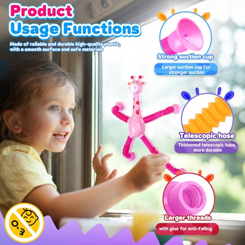 Giraffe Sensory Travel Toys 4Pcs for Road Trip Car Ride Airplane Toddler Girl Year Old Ages 3 4 5 6 7 8, Suction Autism Pop Tube Fidget Toy Autistic Valentines Day Stocking Easter Basket Stuffer Gift