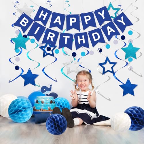meowtastic Birthday Decorations Happy Birthday Banner with Honeycomb Balls | 16pcs Birthday Set: 1 Banner+6 Honeycomb Balls+8 Star Spirals+1 Circle Dots, Happy Birthday Decor - Blue