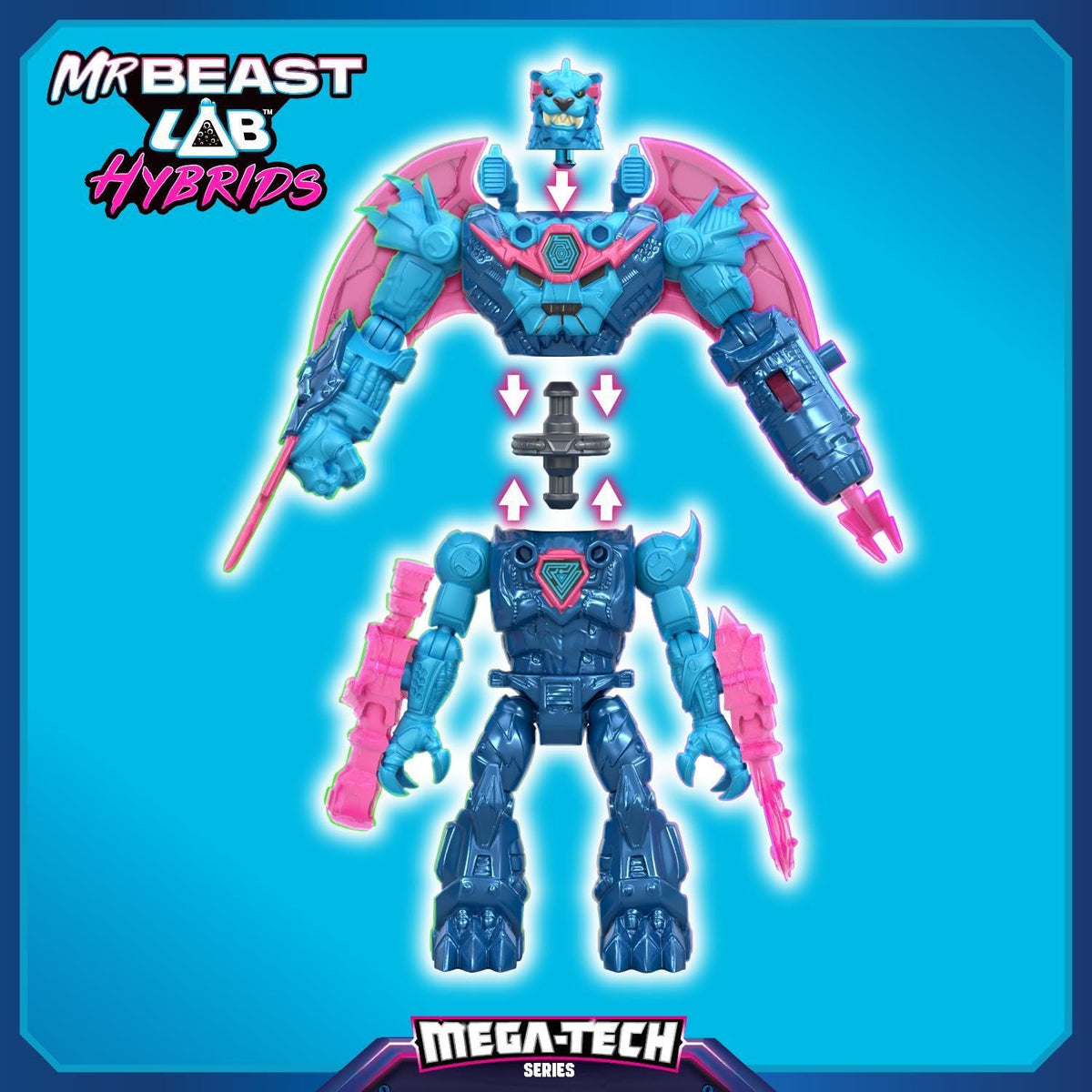 MrBeast Lab Hybrids Mega Pack, 4 Mix & Match Figures, 7 Accessories | 4-inch action figures with 10 points of articulation; crack the MrBeast Lab Containment Vessel to reveal MrBeast toys
