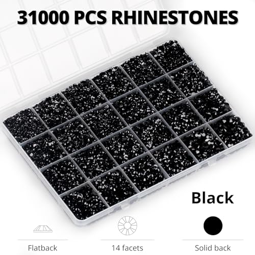 35000Pcs Black Rhinestones for Bedazzling, Flatback Bedazzle Gems Crystal | 2,3,4,5,6mm Flat Back Resin Diamond Rinestones Bedazzler Kit Jewels with 3Pcs b7000 Glue for Dress Crafting Clothing Shoes