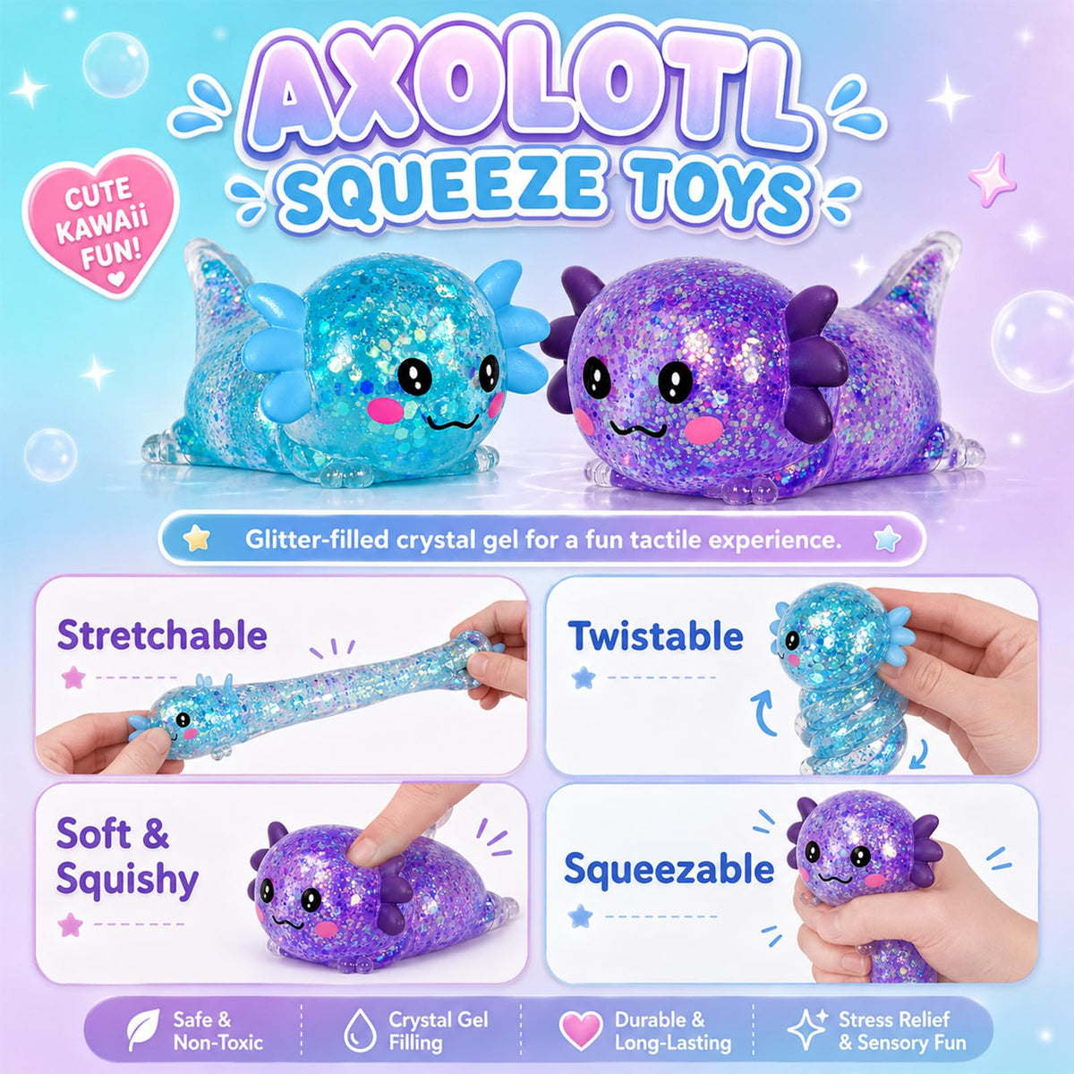 2 Packs Axolotl Squishy Toy, Glitter Fidget Toys Cute Axolotl Stress Relief Squeeze Toy Gifts for Kids Adult, Squishies Toys (pabluepurple)