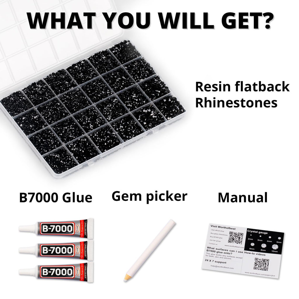 35000Pcs Black Rhinestones for Bedazzling, Flatback Bedazzle Gems Crystal | 2,3,4,5,6mm Flat Back Resin Diamond Rinestones Bedazzler Kit Jewels with 3Pcs b7000 Glue for Dress Crafting Clothing Shoes