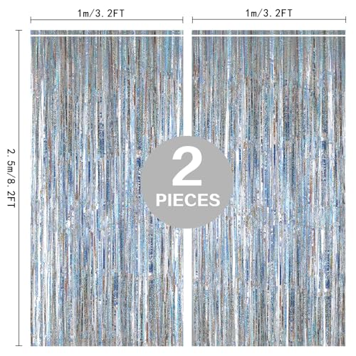 PIGETALE Glitter Silver Backdrop, 2 Pack 3.2 x 8.2 ft Fringe Curtains