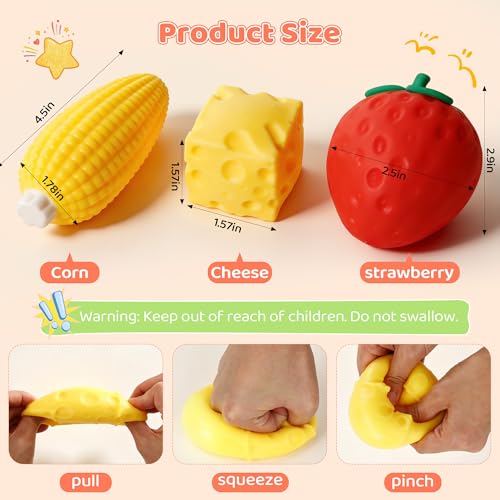 dZbGift 3pcs Fruit Squishy- Cheese Squishy,Strawberry Corn Squishy,Squeeze Toys,Fruit squishies for Stress Relief,Gift for Boys Girls Adults