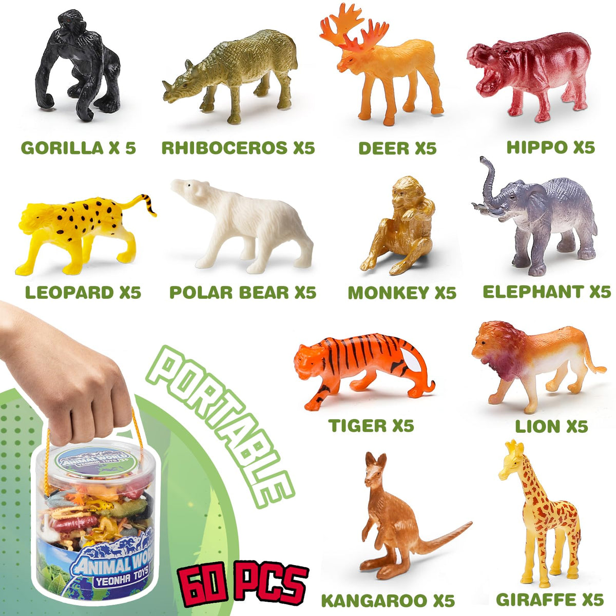 60 Piece Mini Zoo Animal Toy with Gift Box, Plastic Jungle Animal Figurines | Realistic Small Animal Figures Sensory Bins, Party Favors, Cupcake Topper, School Education, Birthday Gifts for Children