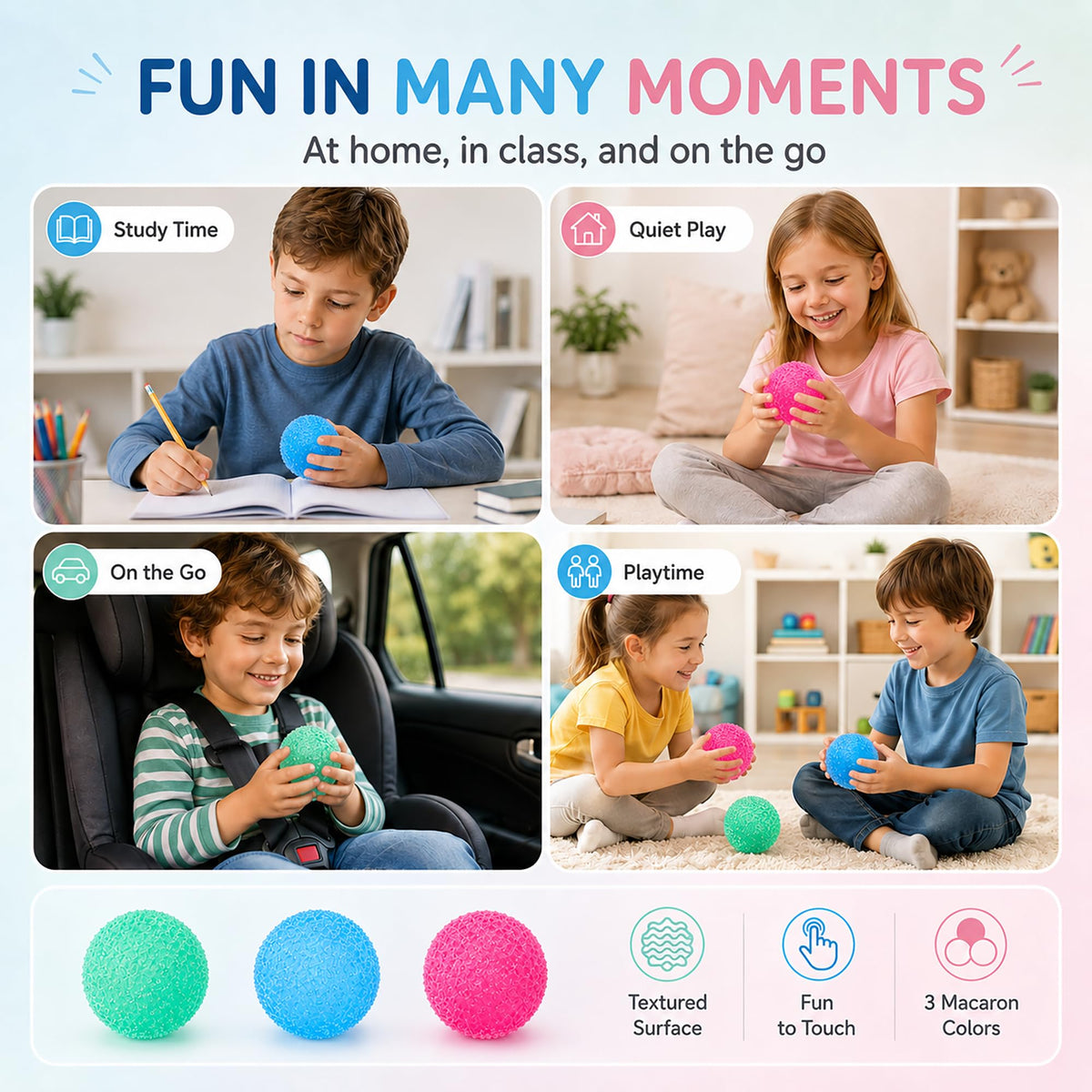 3pcs Squishy Textured Stress Balls Silky Fidget Toys for Anxiety Relief