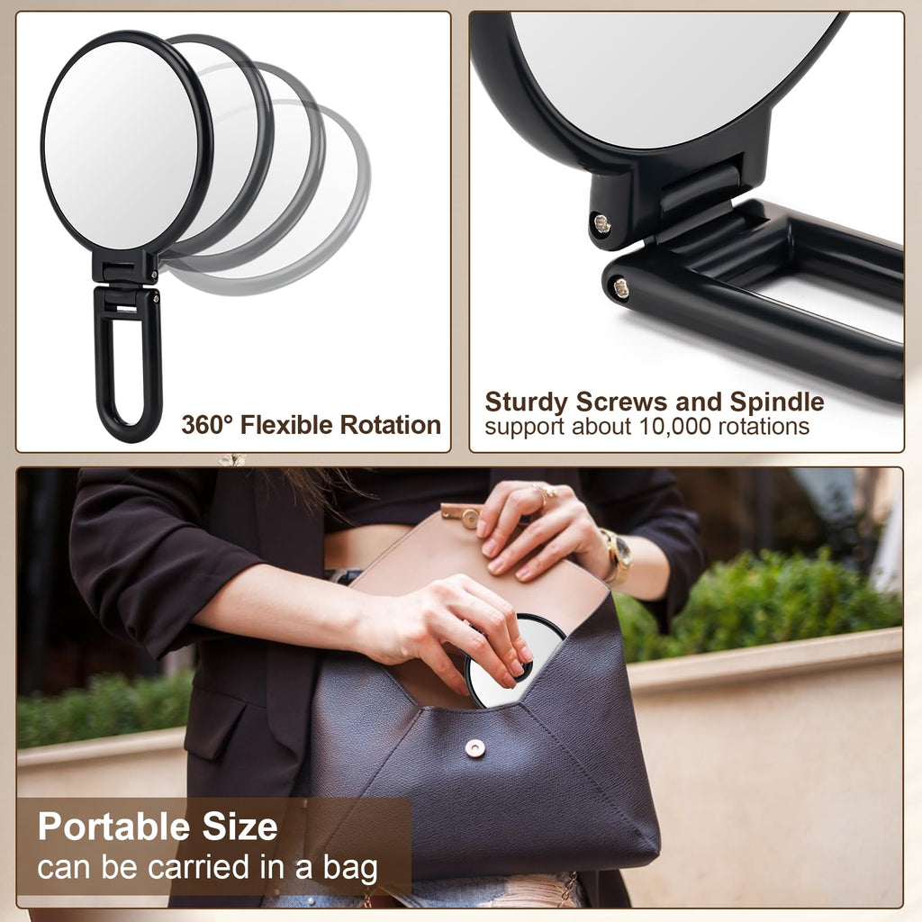 10X Magnifying Mirror, Double Side Handheld Mirror, Travel Makeup Mirror | 1X/10X Magnification, Adjustable Rotation Handle/Stand, Portable Foldable Hand Mirror, Travel Essential, Black