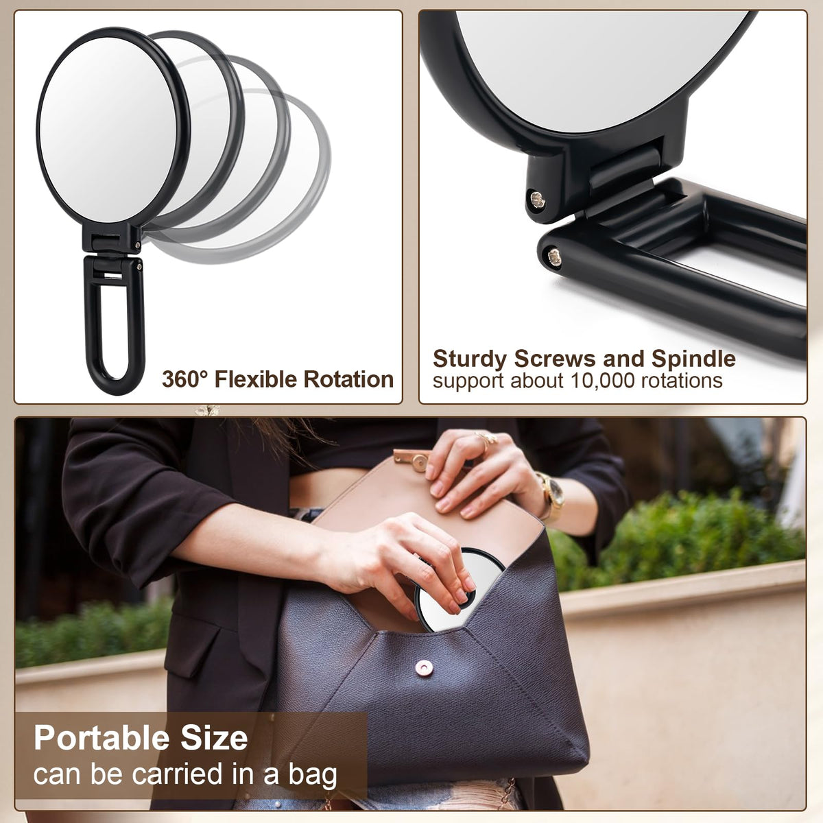 10X Magnifying Mirror, Double Side Handheld Mirror, Travel Makeup Mirror | 1X/10X Magnification, Adjustable Rotation Handle/Stand, Portable Foldable Hand Mirror, Travel Essential, Black