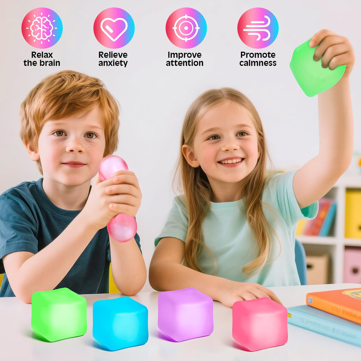 VISCOO 4 Pack Stress Cube,Slow Rising Cube Stress Balls for Adults Kids | Sensory Fidget Toy for Anxiety Relief, Square Shape Cube Squishy for Classroom Prizes, Squishy Balls for Party Favors