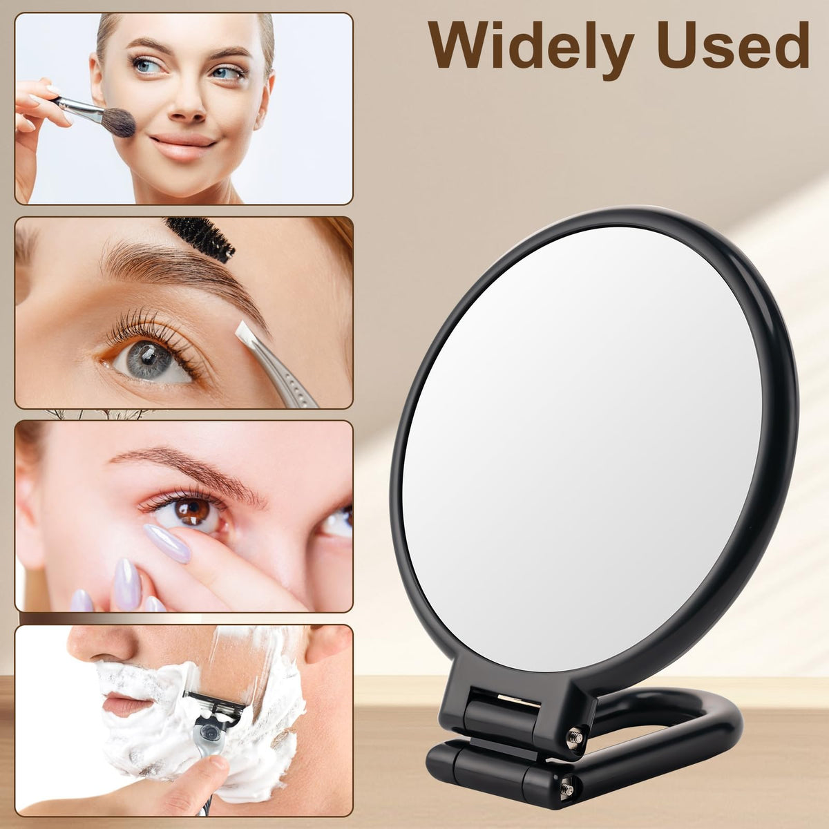 10X Magnifying Mirror, Double Side Handheld Mirror, Travel Makeup Mirror | 1X/10X Magnification, Adjustable Rotation Handle/Stand, Portable Foldable Hand Mirror, Travel Essential, Black