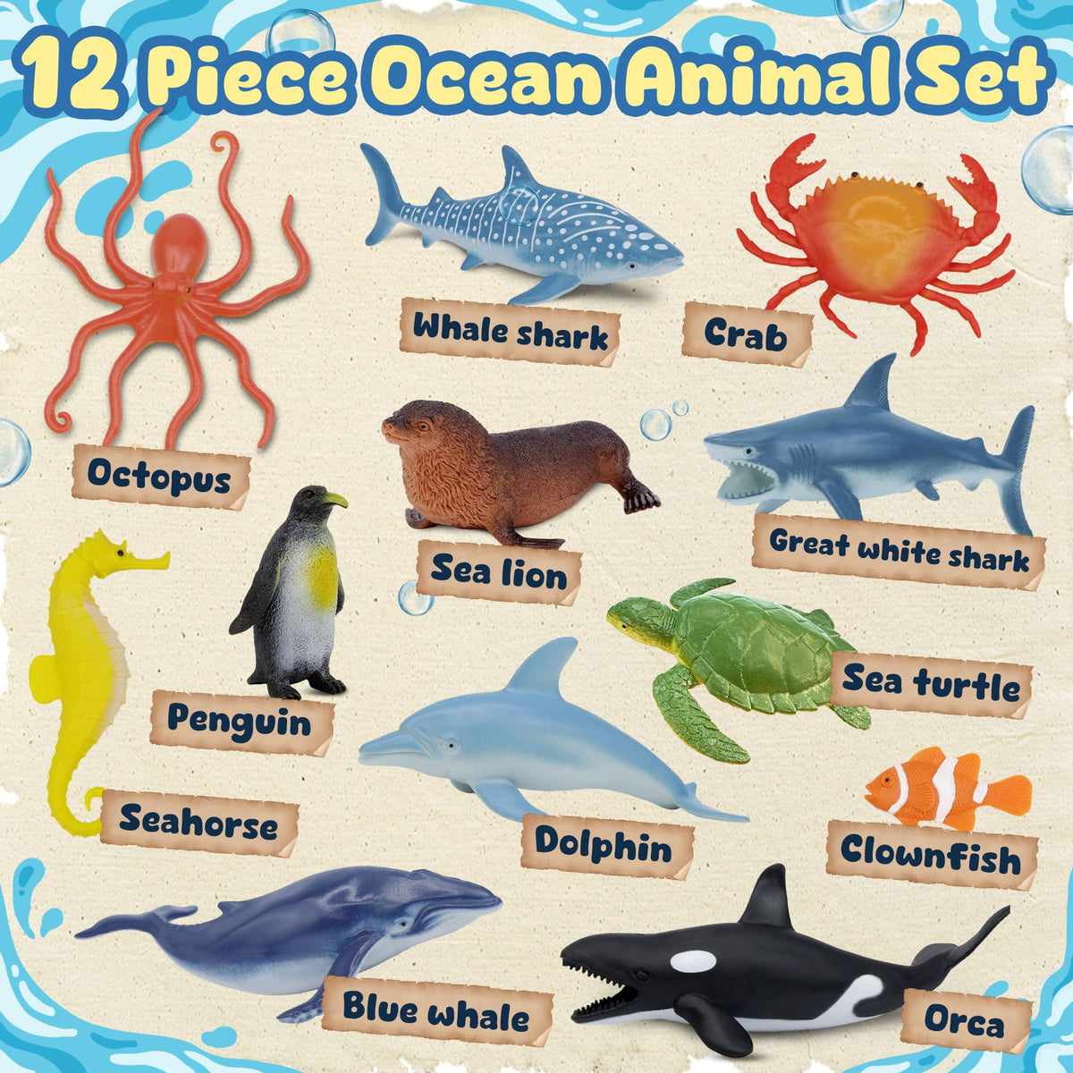 Beetots Ocean Sea Life Toy Figures Set for Kids, 12 PCS Realistic Marine Animals with Shark, Dolphin, Sea Turtle, Penguin, Seal, Clownfish, Crab, Ocean Animal Figure Toys for Boys Girls Toddlers