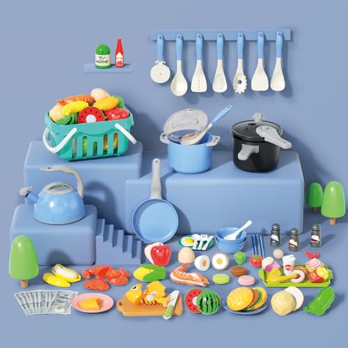 130Pcs Kitchen Playset, Toddler Pretend Cooking Play Pots, Pans, Utensils Cookware, Daily Food Fruit Veges, Shopping Storage Basket, Dessert, Prop Money, Learning Gift for Child (Blue)