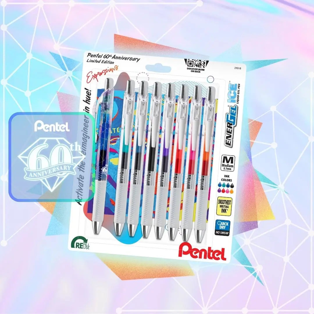 Pentel EnerGel Expressions, 60th Anniversary Limited Edition Pack, ICE Liquid Gel Pens, (0.7mm) Medium Line, Assorted Ink, 8-Pk 
