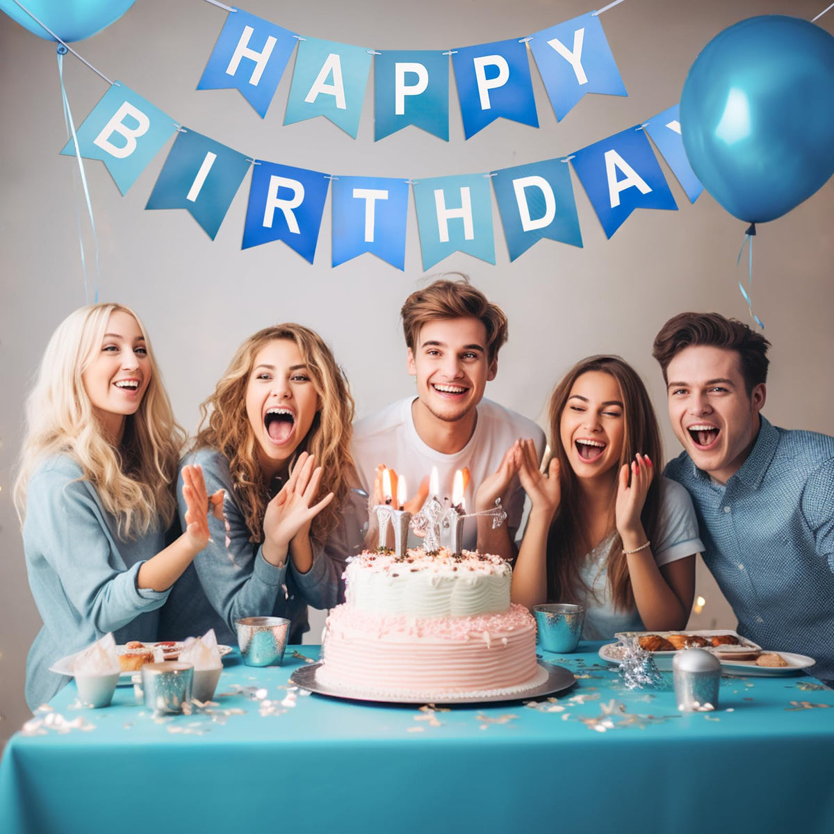 KINGLAKE GARDEN Happy Birthday Banner NO DIY Birthday Sign Blue | Pre-Strung Birthday Hanging Decoration for Women Men Girl Boy Party Supplies (Blue)