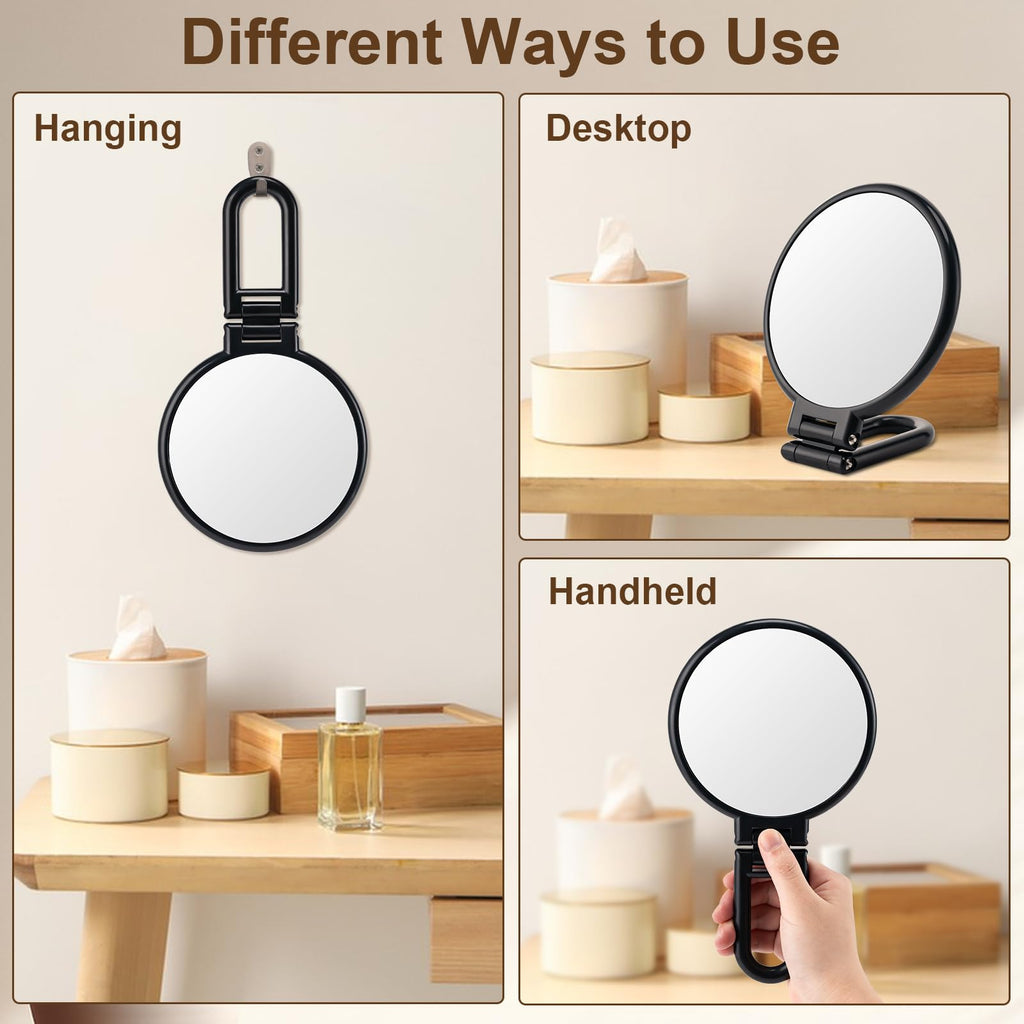 10X Magnifying Mirror, Double Side Handheld Mirror, Travel Makeup Mirror | 1X/10X Magnification, Adjustable Rotation Handle/Stand, Portable Foldable Hand Mirror, Travel Essential, Black