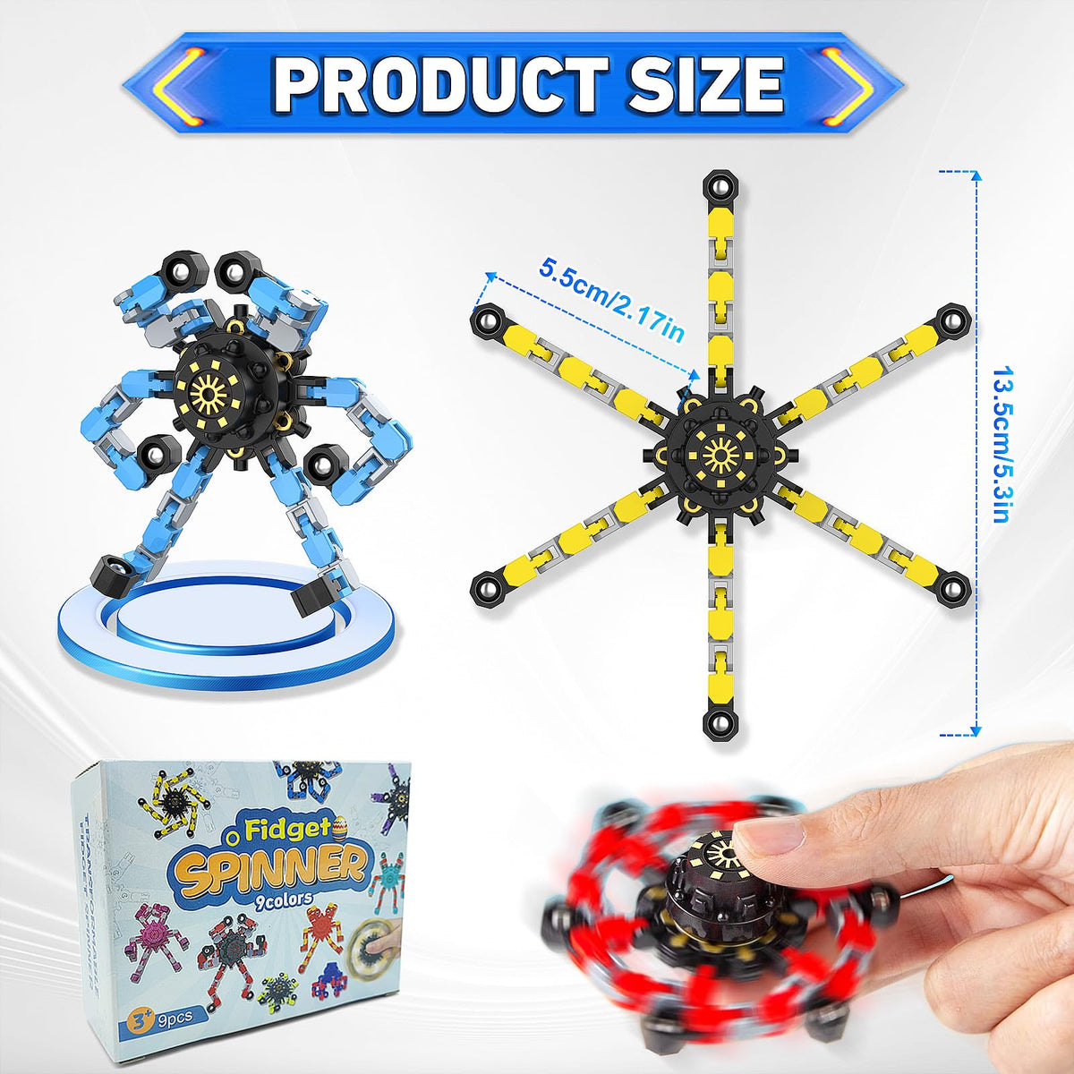 Transformable Fidget Spinners,9PCS Funny Sensory Fidget Toys for Kids | Deformable DIY Robot Spinner Fingertip Stress Relief Gyro Toy Kids Halloween Party Favors Stocking Stuffers Gifts