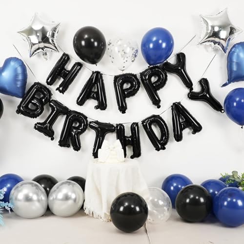 Navy Blue and Black Birthday Decorations for Men Happy Birthday Banner | Blue Black and Silver Confetti Balloons Happy Birthday Decorations for Men Boys Party Decor