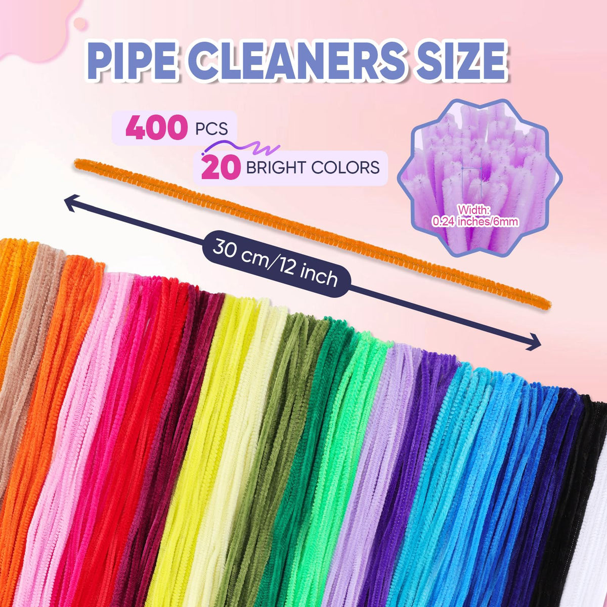 400 PCS Pipe Cleaners Bulk, 20 Colors Chenille Stems Pipe Cleaners Craft | Pipe Cleaners for Crafts, Flowers, Art Projects, DIY Room Decor, Christmas Decorations