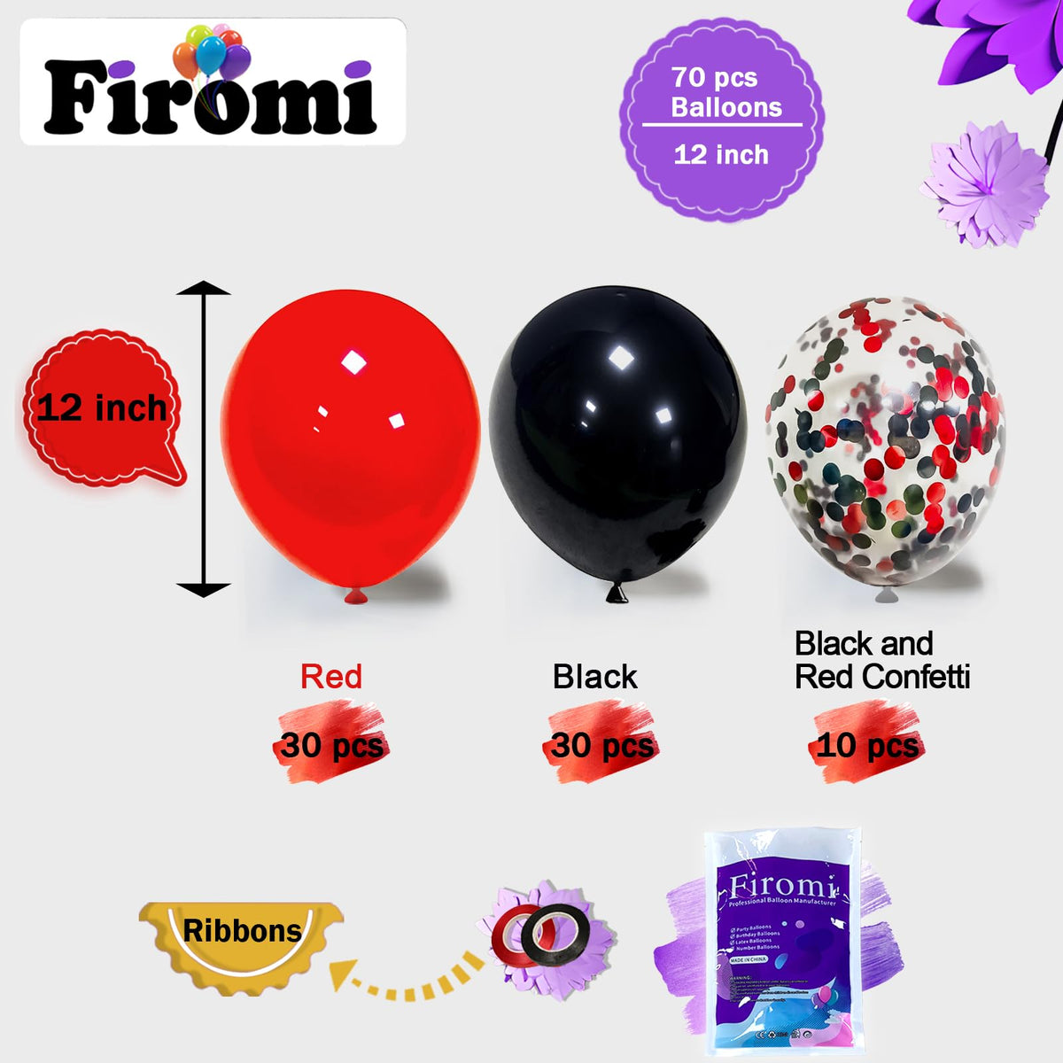 Firomi Red and Black Latex Balloons 12 Inch 70 pack Set (with 2 Ribbons) | Black and Red Confetti Balloons for Birthday Wedding Party