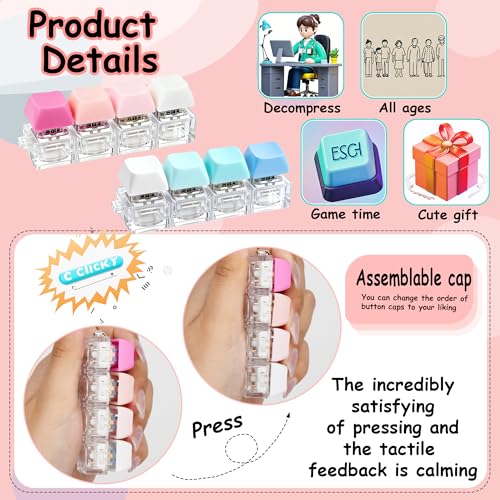 2 PCS Keyboard Fidget Toy, Keyboard Fidget Keychain 4-in-1 Keyboard Decompression Button Finger Clicker Toys (Blue Pink, General)