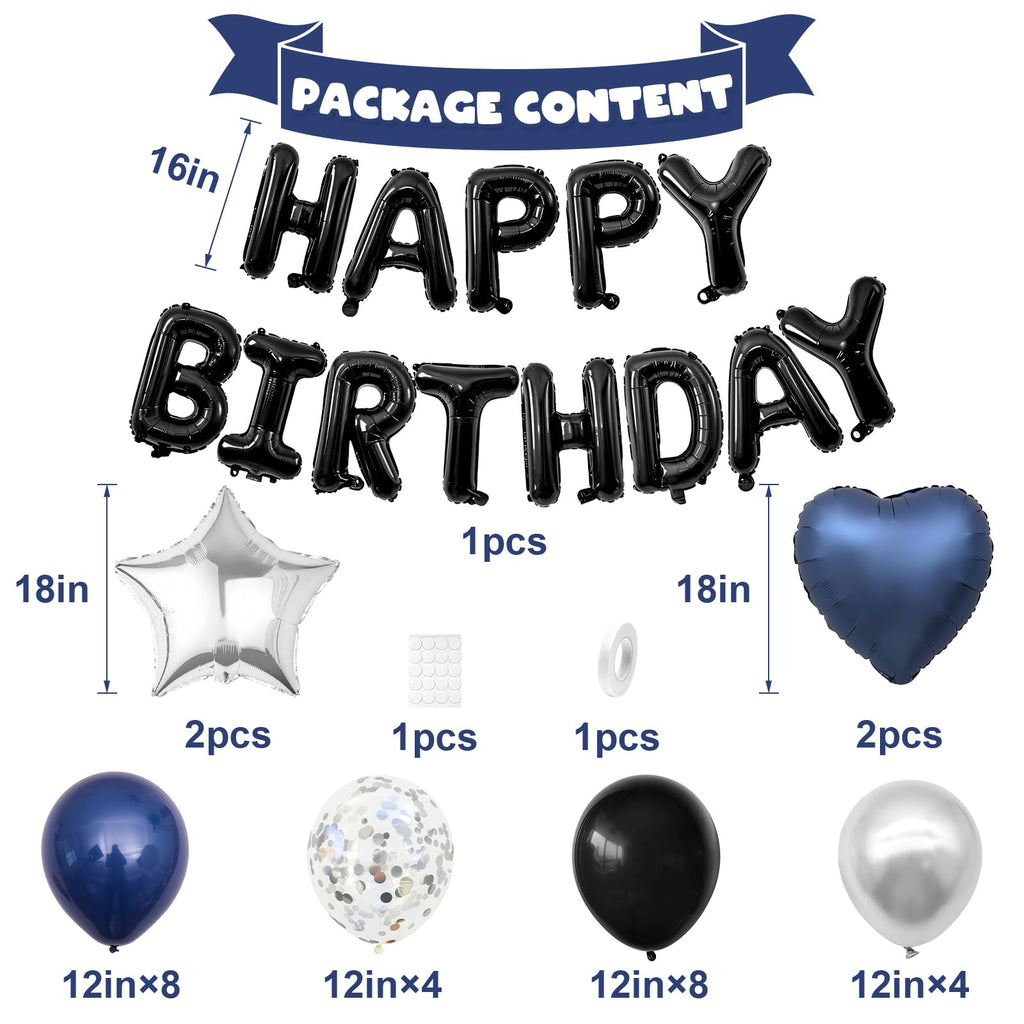 Navy Blue and Black Birthday Decorations for Men Happy Birthday Banner | Blue Black and Silver Confetti Balloons Happy Birthday Decorations for Men Boys Party Decor