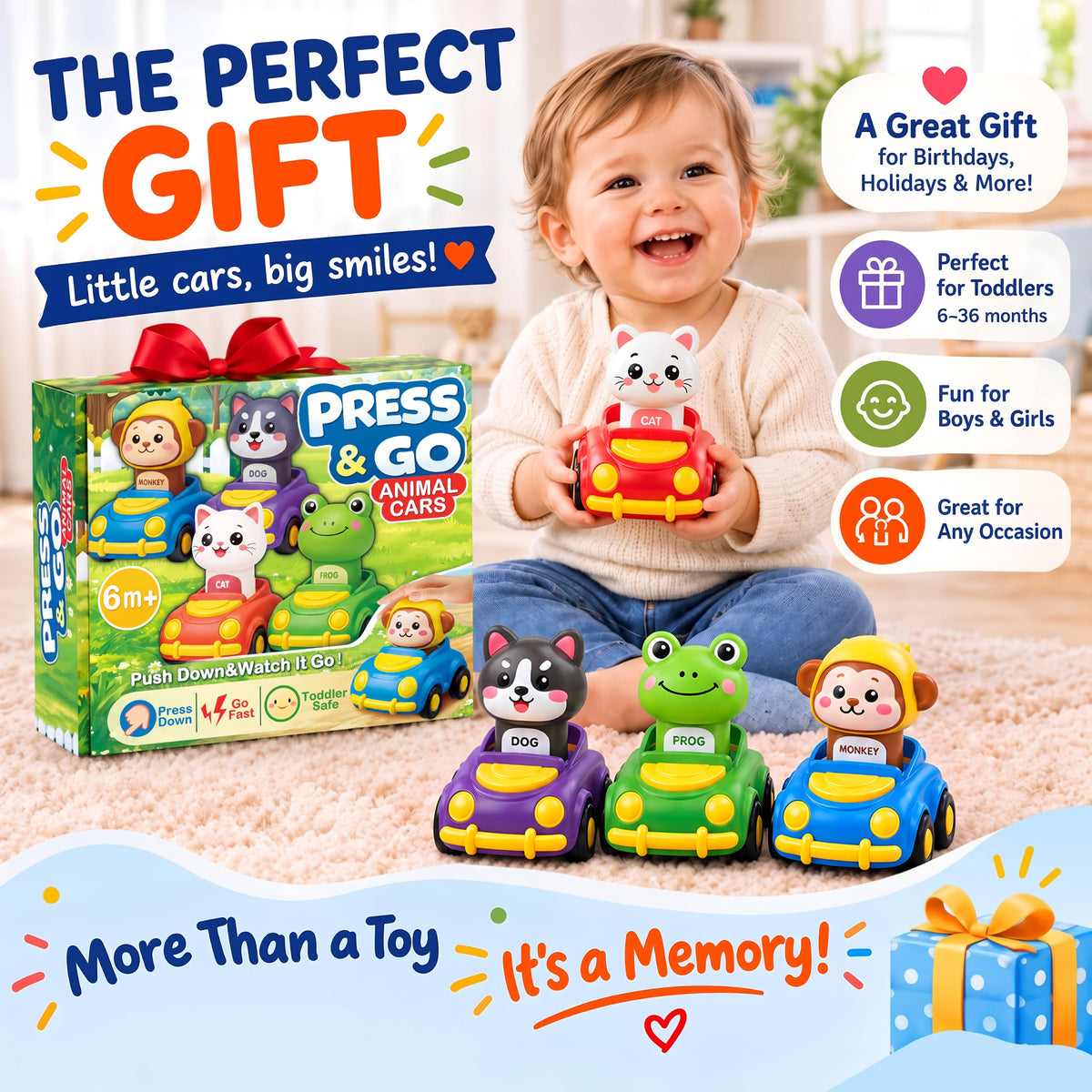 Press to Go Cars for Toddlers 1-3, 4-Pack Animal Toys for 1 Year Old Boy | 4-Pack Animal Cars, Push Go Baby Toys for 6-18 Months, Montessori Vehicle Set, First Birthday Gift for 1 Year Old Boy