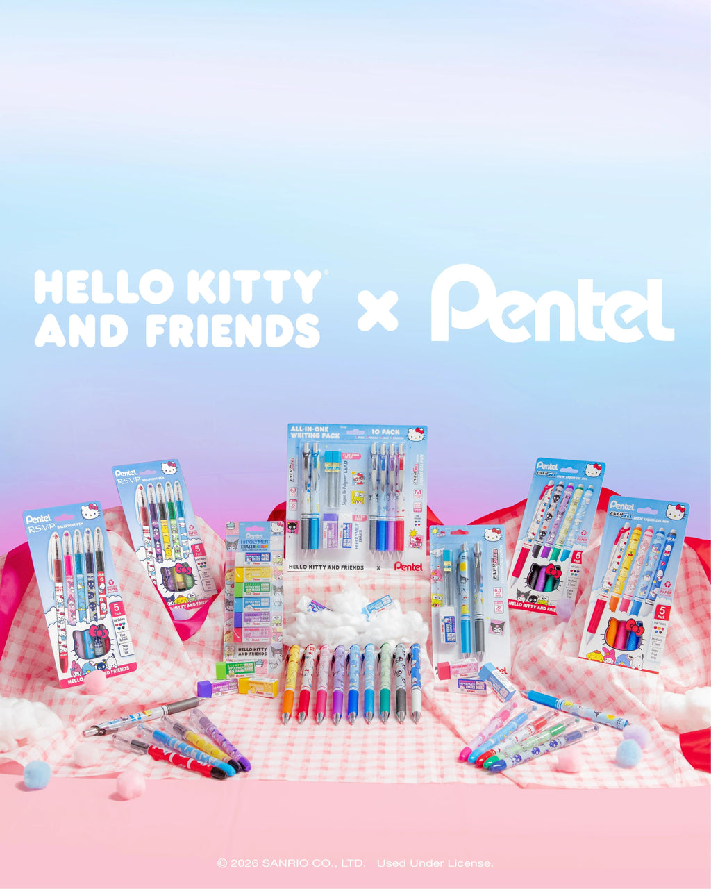 Pentel Writing Essentials Pack, Hello Kitty® and Friends, Limited Edition, EnerGel, EnerGize, 0.7mm, W/Refill Lead and Small Block Erasers, 10-Pk