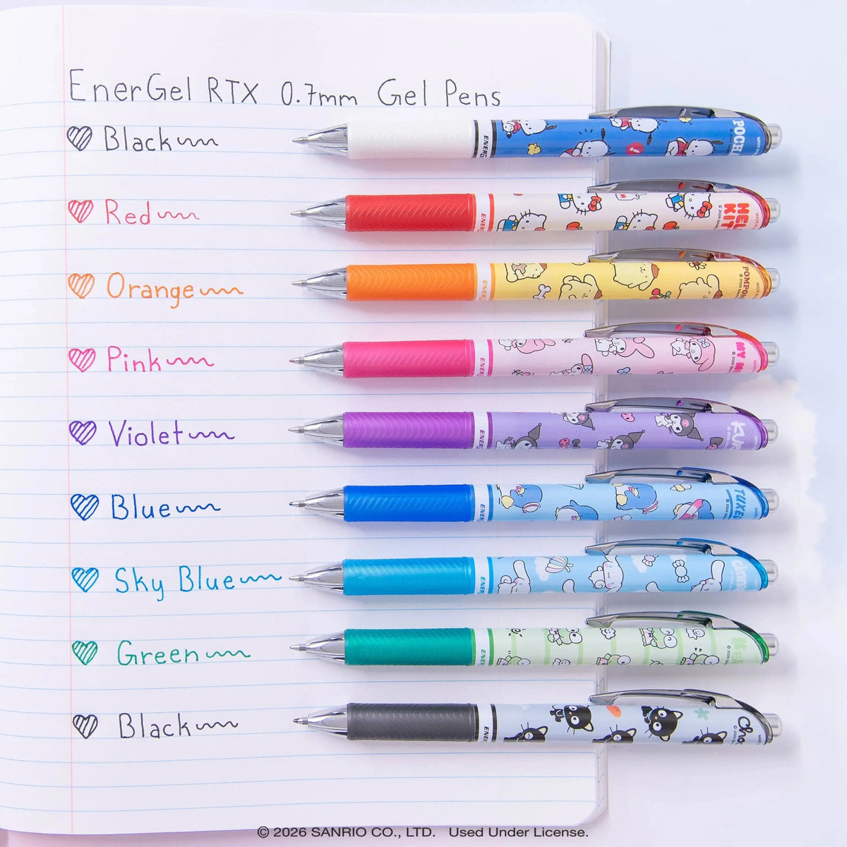 Pentel EnerGel RTX Liquid Gel Pen, Hello Kitty® and Friends, Limited Edition, Mix 1, 0.7mm, Med Line, Assorted Ink, 5-Pk