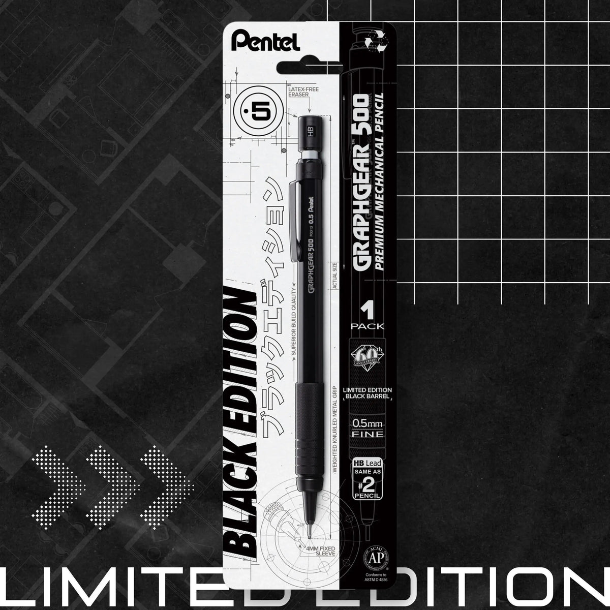 Pentel GraphGear 500, Limited Black Edition, Drafting Pencil (0.5mm), 1-Pk