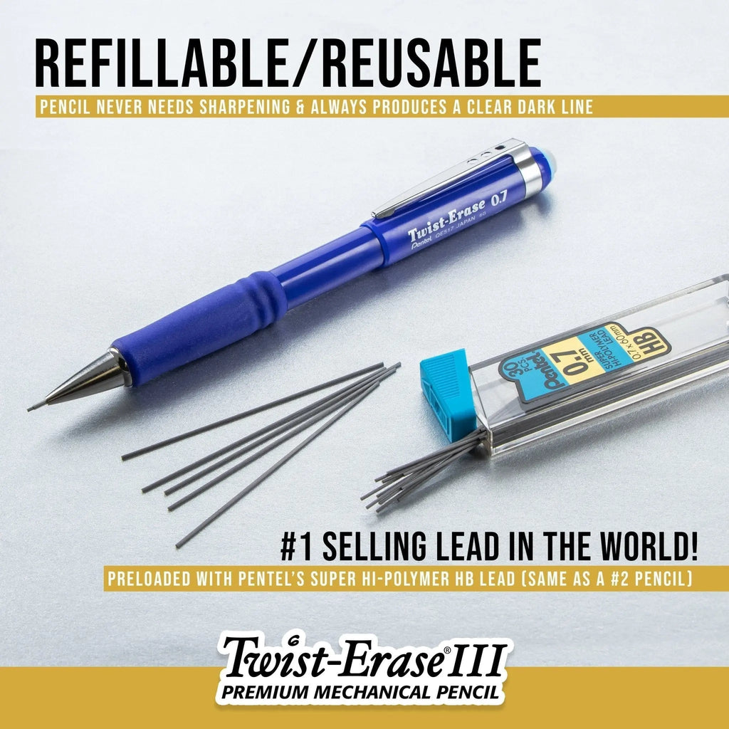 Pentel Writing Essentials 10 pack - 4 EnerGel gel pens, 2 Twist Erase III 0.7mm mechanical pencils, 2 Hi-Polymer block erasers, and 2 Hi-Polymer 0.7mm HB lead